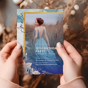 Faire-part 18e anniversaire – Faire-part d'anniversaire floral bleu élégant modifiable, modèle d'invitation pour débuts moderne, toile imprimable Evite