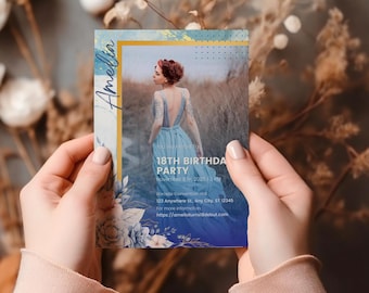Elegant Blue Floral 18th Birthday Invitation Template (Digital Download)