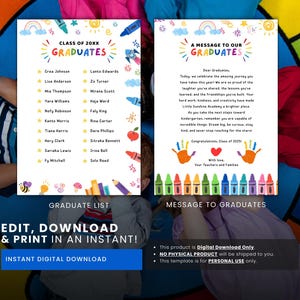 May include: A digital download template featuring two pages. One page lists "Class of 20XX Graduates" with names. The other page is a message to graduates. Both pages have colorful illustrations and text: "Edit, Download & Print in an Instant!"