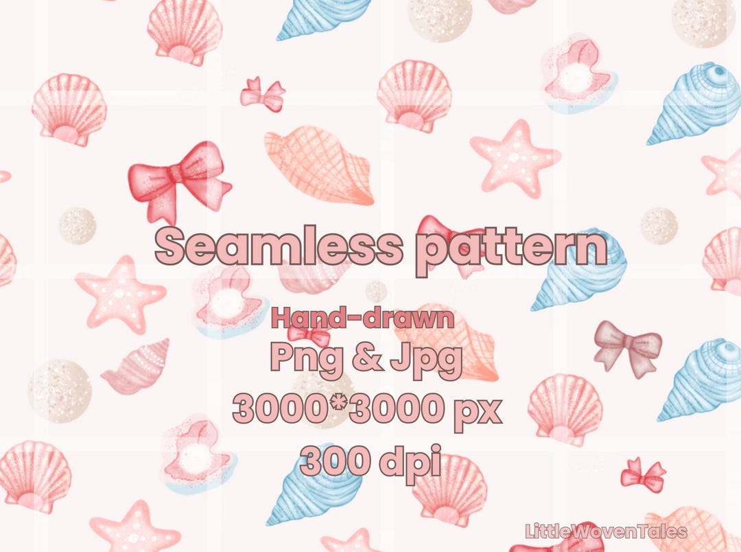 Seashell Bow Seamless Pattern PNG JPG, Pink Blue Coquette Ocean Pattern ...