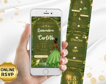 Tiana Princess Quinceanera Invitation Set, Editable Princess and the Frog Birthday Electronic Invite, Mobile Wedding Website, Digital RSVP