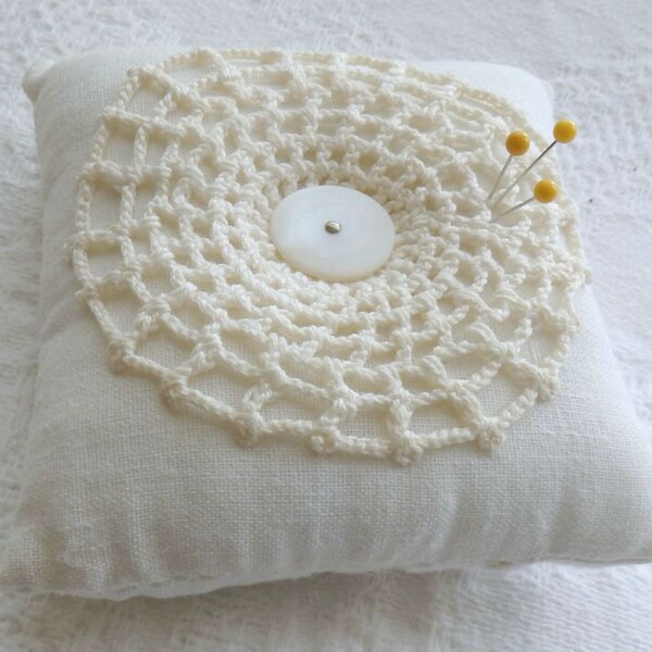 Linen Pin Cushion, Handmade Tufted Pincushion, Vintage Doily Pincushion