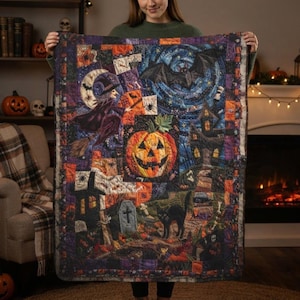 manta con estampado de retazos de Halloween, con calabaza y gato negro y murciélago, manta rustica otoñal espeluznante para el hogar