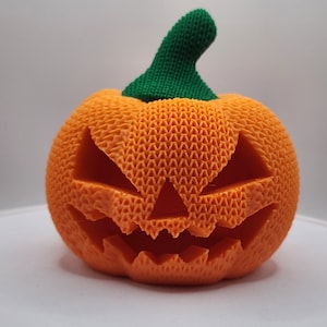3D Printed Knitted Texture Pumpkin Jack-O-Lantern with amber LED candle