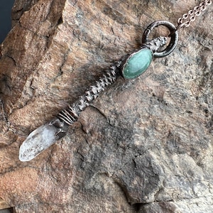 Green Jasper and Quartz Wand Pendant Necklace, Elegant Inspired Unique Gift, Electroformed Crystal Jewelry, Witchy Jewelry