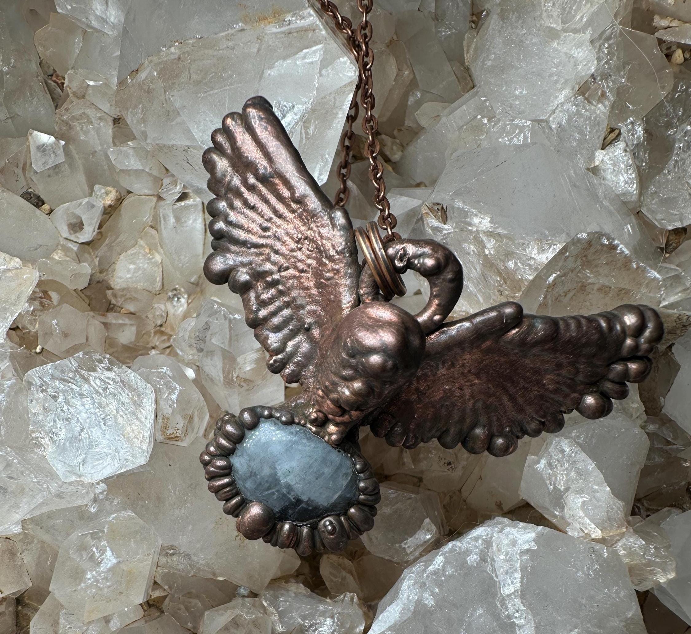 Electroformed Flying Owl Pendant | 3D Printed Copper Owl with Moonstone Gemstone | Owl Gift | Forest