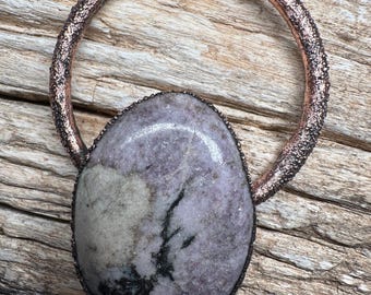 Electroformed Oval Lepidolite Pendant | Handmade Lepidolite Oval Pendant | Healing Crystal Necklace | Purple and Black Necklace