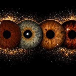 May include: Four human eyes with different iris colors: brown, blue-gray, light brown, and reddish-brown. The eyes are arranged horizontally against a black background, surrounded by golden sparkles. The irises are detailed.