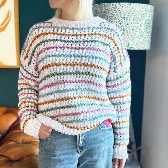 Women's Chunky Stripe Jumper Sweater Knitting Pattern (PDF