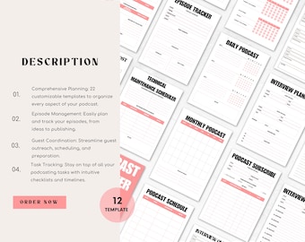 Easy Podcast Planner Printable, Canva template and for Goodnotes | Episode Tracker, Content Calendar, Guest & Workflow Organizer