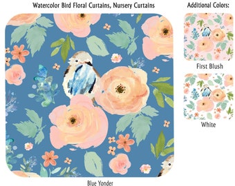 Watercolor Bird Floral Curtains, Nursery Curtains