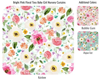 Bright Pink Floral Toss Baby Girl Nursery Curtains