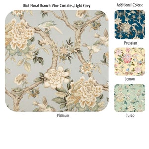 Bird Floral Branch Vine Curtains, Light Grey