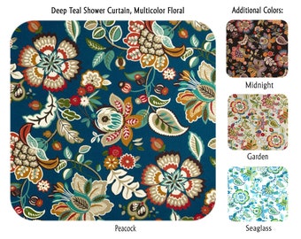 Deep Teal Shower Curtain, Multicolor Floral