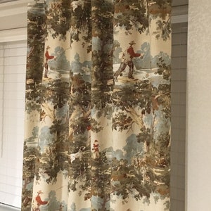 Rustic Hunting Fishing Toile Drapes, Blue Green Curtains image 3