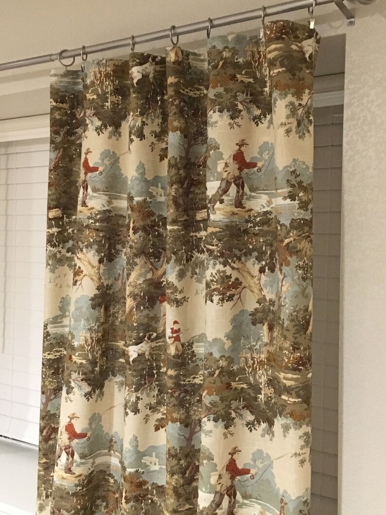 Rustic Hunting Fishing Toile Drapes, Blue Green Curtains image 3