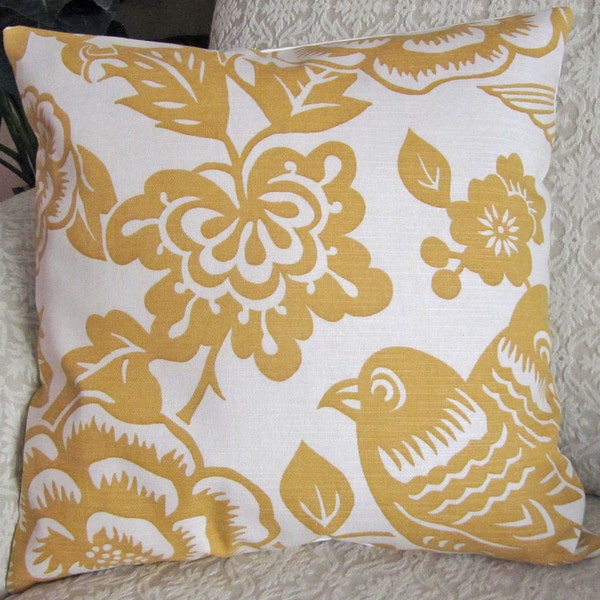 Decorative Throw Pillow Cover Mustard Yellow 16 x 16 Designer Bird