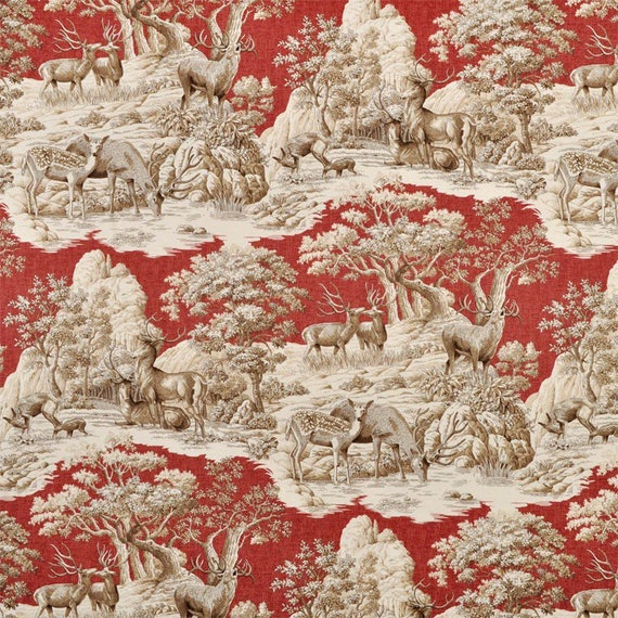 Rustic Deep Red Deer Toile Curtains Etsy