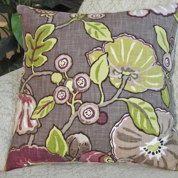 Throw Pillow Cover Decorative Berry Plum Purple Lavendar Chartreuse Green 18 x 18 Hip Floral