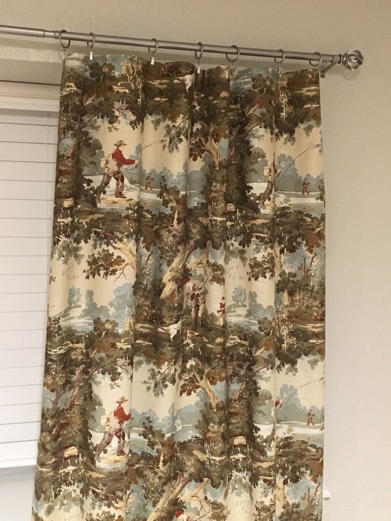 Rustic Hunting Fishing Toile Drapes, Blue Green Curtains image 6