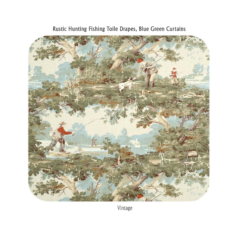 Rustic Hunting Fishing Toile Drapes, Blue Green Curtains image 2