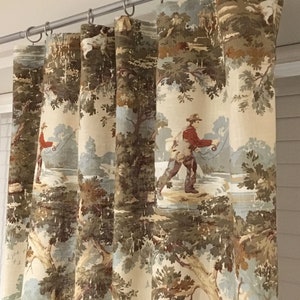 Rustic Hunting Fishing Toile Drapes, Blue Green Curtains image 1