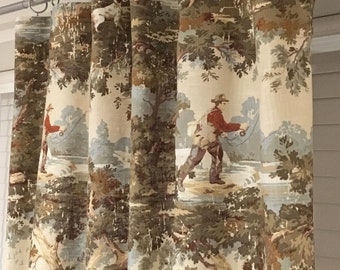 Rustic Hunting Fishing Toile Drapes, Blue Green Curtains