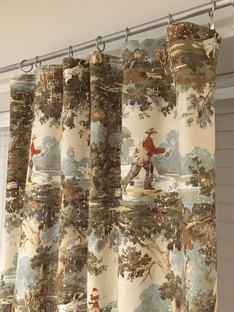 Rustic Hunting Fishing Toile Drapes, Blue Green Curtains image 1