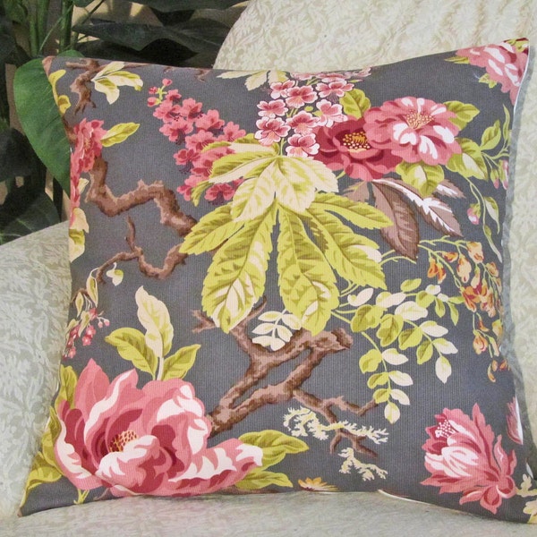 RESERVED for Casscav (Cassandra) - Decorative Throw Pillow Cover Charcoal Gray Pink Taupe Chartreuse Green 18 x 18 Modern Floral
