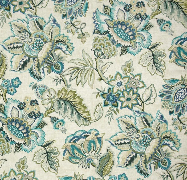 Blue Green Curtains Jacobean Floral Drapes Etsy UK