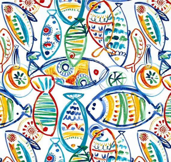 Blue Fish Shower Curtain Abstract Blue Green Ocean Bathroom Etsy