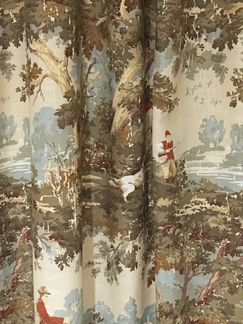 Rustic Hunting Fishing Toile Drapes, Blue Green Curtains image 5