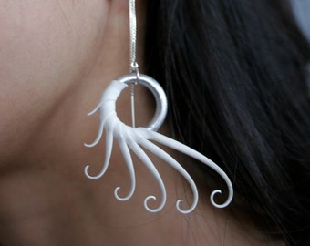 White Plume Earrings on sterling thread chains