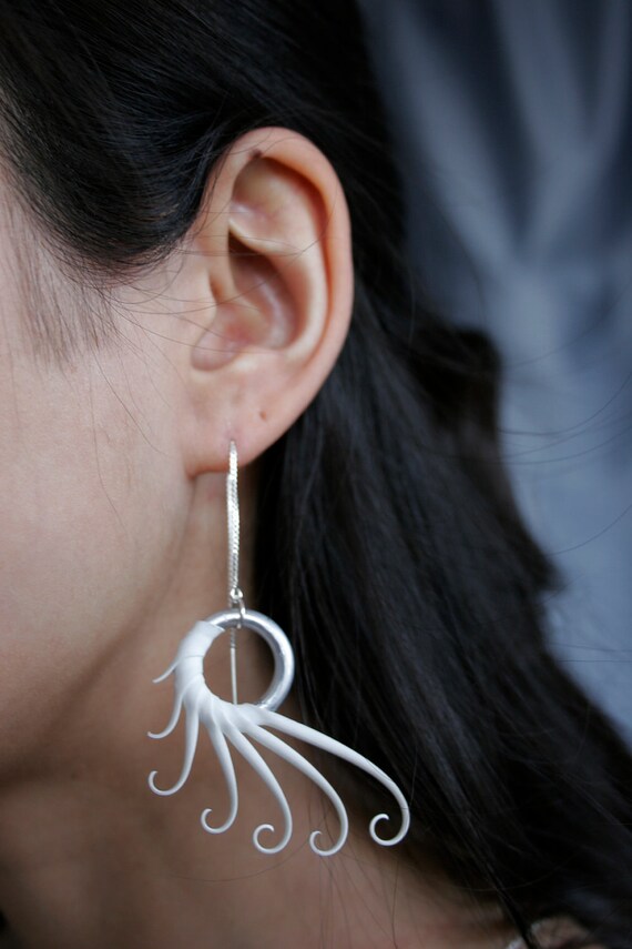 White Plume Earrings on sterling thread chains