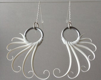 White Wing Earrings with soft spikes on sterling thread chains