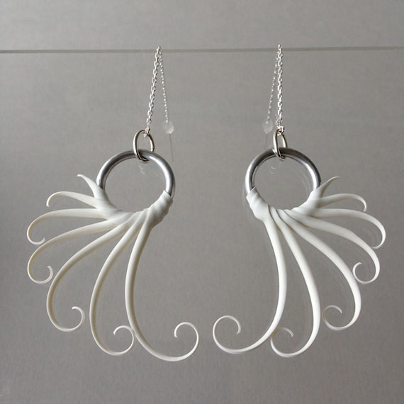 White Wing Earrings with soft spikes on sterling thread chains