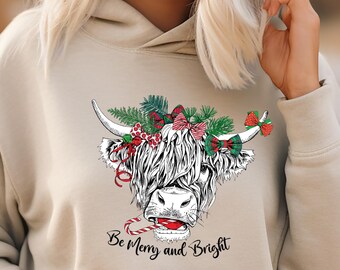 Cow Christmas Hoodie, Highland Cow Christmas Hoodie, Cute Farm Animal Holiday Hoodie, Country Christmas Cow Hoodie, Funny Farmer Gift Hoodie