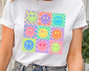 Neon Summer Happy Face Checkerboard Shirt, Retro Sunshine Tee, Beach Vibes Graphic Tee, Trendy Distressed Summer Outfit