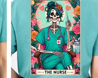 Comfort Colors Nurse Skeleton Tarot Card T-Shirt - Funny Halloween Graphic Tee