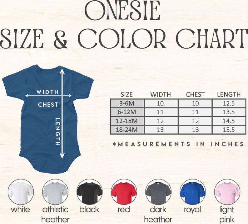 Pode incluir: Um body azul com tabela de tamanhos e cores. A tabela mostra as medidas em polegadas para largura, peito e comprimento. As cores dispon&iacute;veis s&atilde;o branco, cinza mescla, preto, vermelho, cinza escuro, azul royal e rosa claro.