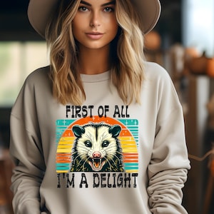 First Of All I&#39;m A Delight Sarcastic Angry Opossum Lover Sweatshirt, Cute Sarcastic, Sarcastic Self Love Sweatshirt, Sarcasm sweatshirt