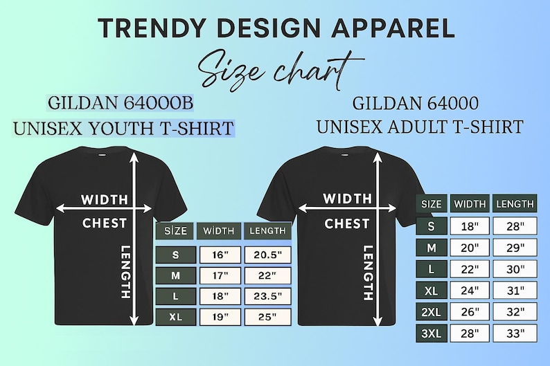 Pode incluir: Tabela de tamanhos para Trendy Design Apparel, com camisetas Gildan 64000B Unisex Juvenil e Gildan 64000 Unisex Adulto. Inclui medidas de largura do peito e comprimento em cent&iacute;metros.