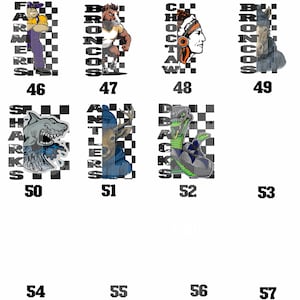 K&ouml;nnte beinhalten: Eine Sammlung von Sportteamlogos, jeweils vor einem schwarz-wei&szlig;en Schachbrettmuster. Die Logos zeigen verschiedene Maskottchen, darunter einen Bauern, ein Pferd, einen amerikanischen Ureinwohner, einen Hai, einen Hirsch und eine Schlange. Jedes Logo hat einen Teamnamen.