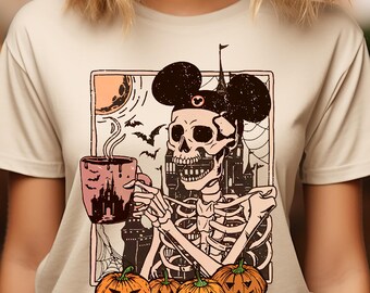 Halloween Skeleton Drinking Coffee T-Shirts, Spooky Skeleton Coffee Lover Tees, Skeleton Sips: Halloween Coffee Shirts