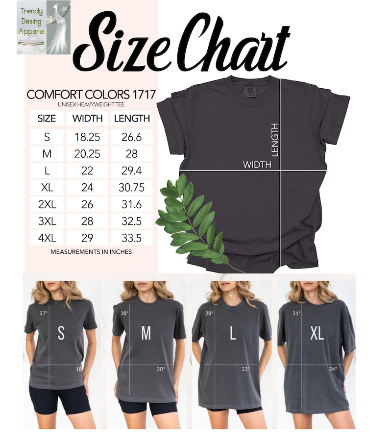 K&ouml;nnte beinhalten: Gr&ouml;&szlig;entabelle f&uuml;r ein Unisex-T-Shirt Comfort Colors 1717. Die Tabelle zeigt die Ma&szlig;e in Zoll f&uuml;r die Gr&ouml;&szlig;en S bis 4XL. Das Bild zeigt auch ein dunkelgraues T-Shirt und Models, die das T-Shirt in den Gr&ouml;&szlig;en S, M, L und XL tragen.