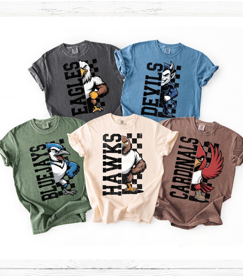 K&ouml;nnte beinhalten: F&uuml;nf kurz&auml;rmelige T-Shirts in verschiedenen Farben, jedes mit einem Teammaskottchen und -namen. Die Shirts sind grau, blau, gr&uuml;n, cremefarben und braun. Zu den Maskottchen geh&ouml;ren ein Adler, ein Teufel, ein Blue Jay, ein Hawk und ein Kardinal.
