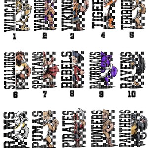 K&ouml;nnte beinhalten: Eine Sammlung stilisierter Maskottchen-Illustrationen f&uuml;r verschiedene Sportteams, darunter Wildcats, Warriors, Vikings, Tigers, Terriers, Stallions, Spartans, Rebels, Razorbacks, Ravens, Rams, Pumas, Pirates, Pioneers und Panthers. Jedes Maskottchen ist mit seinem Teamnamen versehen.