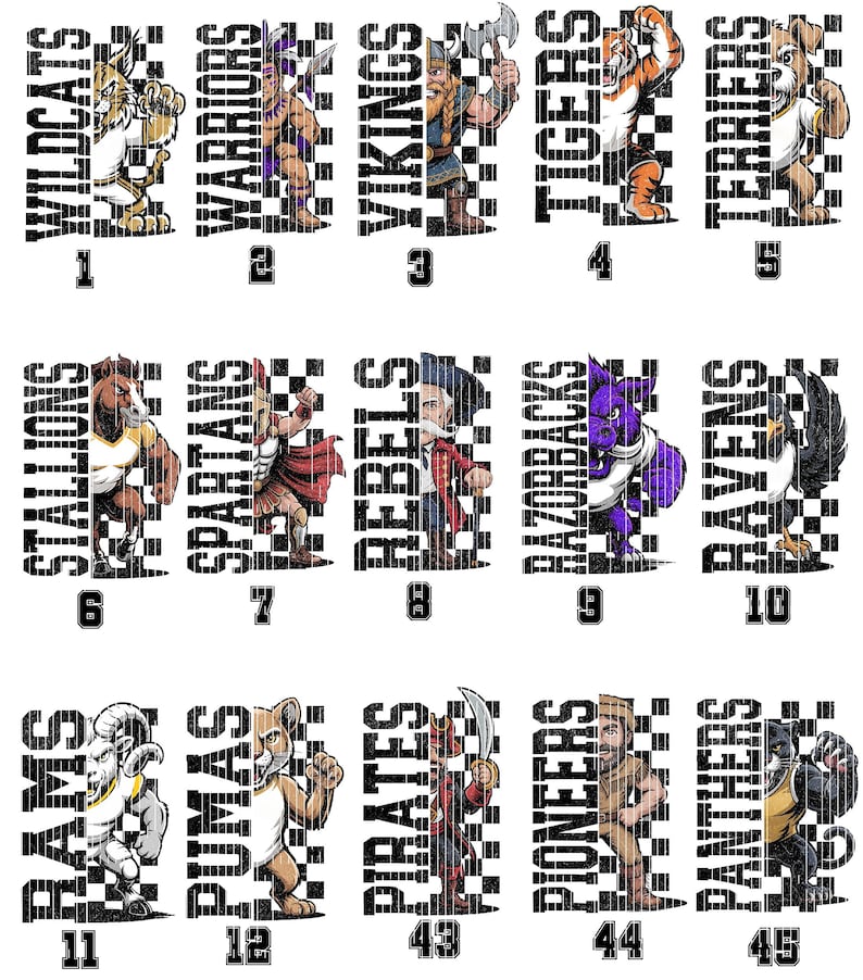 K&ouml;nnte beinhalten: Eine Sammlung stilisierter Maskottchen-Illustrationen f&uuml;r verschiedene Sportteams, darunter Wildcats, Warriors, Vikings, Tigers, Terriers, Stallions, Spartans, Rebels, Razorbacks, Ravens, Rams, Pumas, Pirates, Pioneers und Panthers. Jedes Maskottchen ist mit seinem Teamnamen versehen.