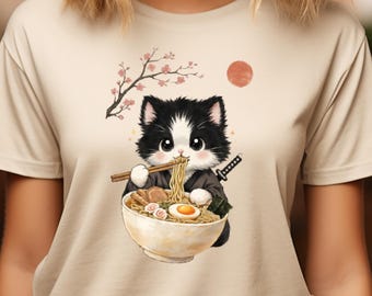 Samurai Cat Ramen T-Shirt, Kawaii Japanese Anime Tee