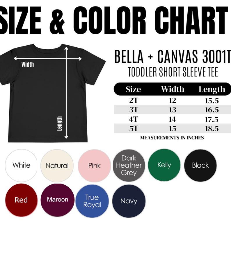 Pode incluir: Uma camiseta preta de manga curta para crian&ccedil;as pequenas com uma tabela de tamanhos e cores. A tabela mostra as medidas em polegadas para os tamanhos 2T a 5T. As op&ccedil;&otilde;es de cores incluem branco, natural, rosa, cinza mescla escuro, verde Kelly, preto, vermelho, bord&ocirc;, azul royal e marinho.